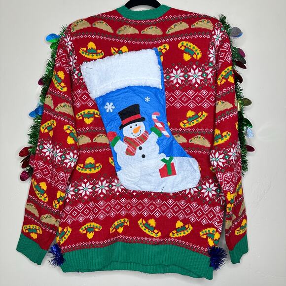 Ugly Christmas Sweater Tacos LIGHTS UP Tacky Tinsel Xmas Party Winner Sz Medium - Picture 3 of 5